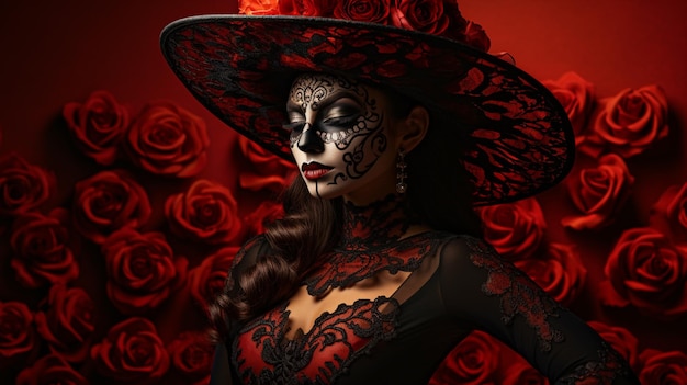 Calavera Catrina 빨간색 배경 할로윈 의상 위에 설탕 두개골 화장을 한 여성의 초상화