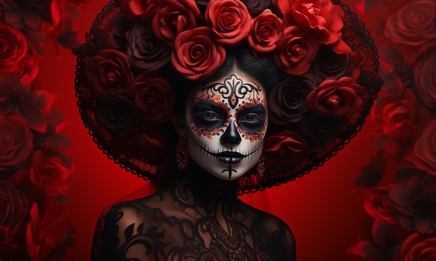 Calavera Catrina Portret van een vrouw met make-up van de suikerschedel op rode achtergrond Halloween-kostuum