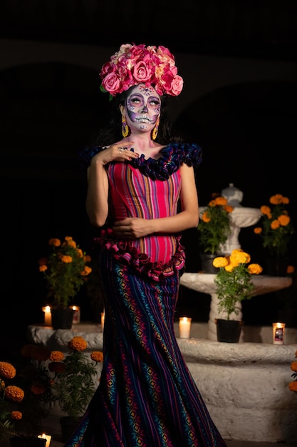 Calavera Catrina zit op een troon Suiker schedel make-up Dia de los muertos Dag van de Doden Hallo