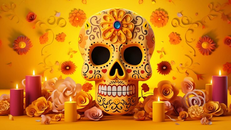 Calavera del Dia de los Muertos y velas sobre fondo amarillo decorado con flores (죽은 자들의 날의 칼라베라와 꽃의 꽃)
