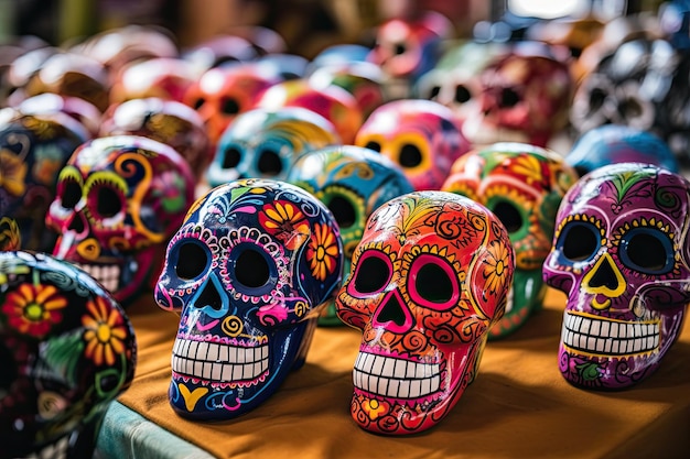 Calavera-maskers tentoongesteld op de stands op de dag van de dood