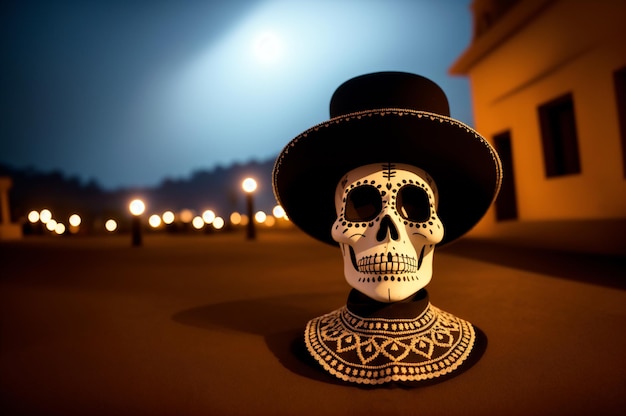 Calavera skull wearing a hat and traditional Mexican clothes Skeleton head for Day of the Dead