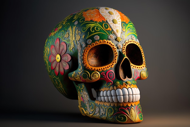 Calavera Sugar Skull in een traditionele stijl op effen generatieve ai als achtergrond