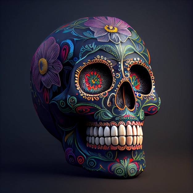 Calavera sugar skull isolated on black background Generative AI illustration