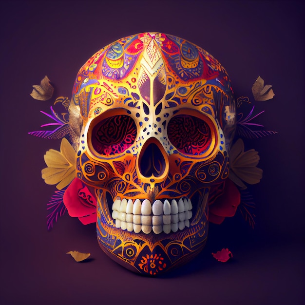 Calavera sugar skull isolated on purple background Generative AI illustration