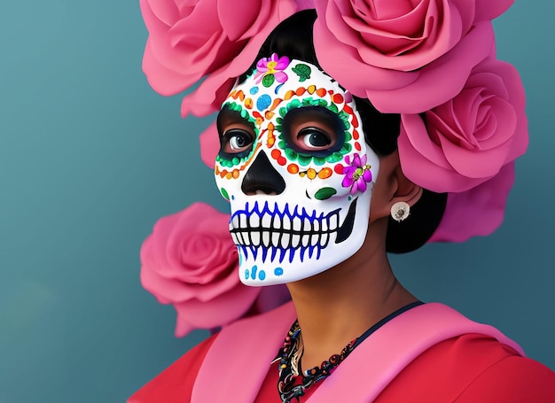 Calavera suger skull decorated with flowers day of the dead