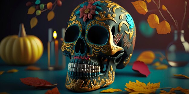 Calavera Suikerschedel in een traditionele stijl voor Dia de Los Muertos Dag van de doden Bloemen en skelet AIGerated