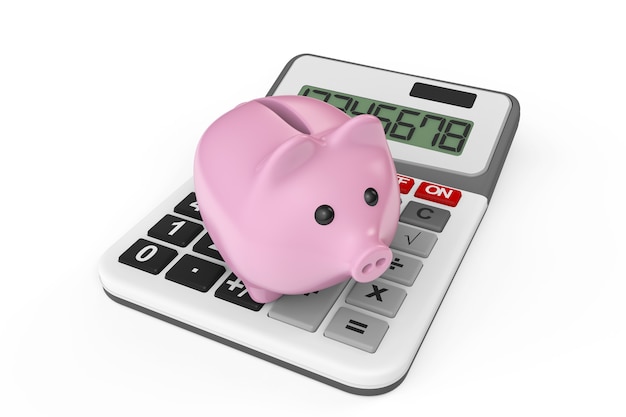 Calculating Savings Concept. Piggy Bank with calculator on a white background