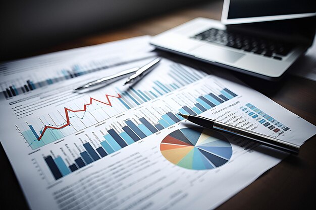 Calculator on business report papers with charts and data Business concept Generative AI