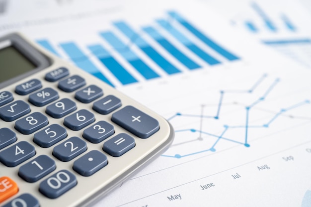 Calculator on chart and graph spreadsheet paper. Finance development, Banking Account, Statistics, Investment Analytic research data economy, Stock exchange trading, Business company concept.