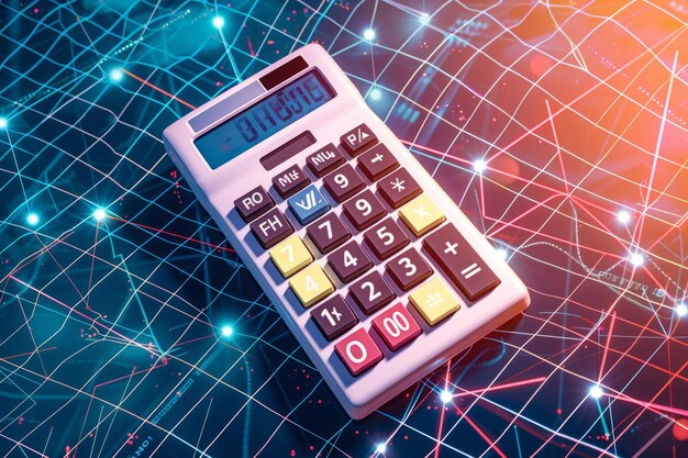 Calculator on a colorful background with a circuit board pattern