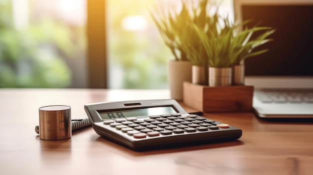 A calculator on a desk with a cup of coffee on the table.