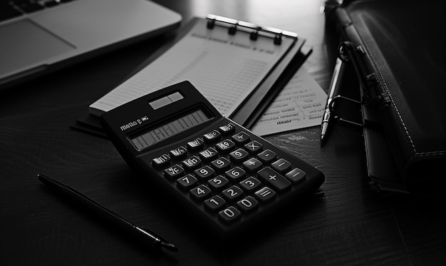 Calculator on Desk with Office Supplies