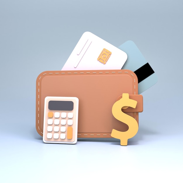 Calculator, dollar and wallet. Income accounting concept. 3d render.