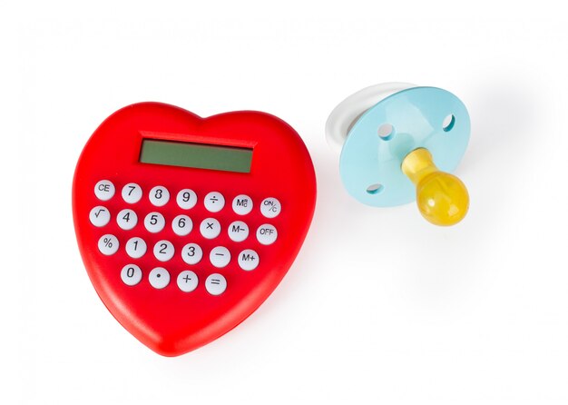 Calculator heart shaped and pacifier.