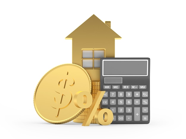 Calculator and house icon with dollar coin and percent sign