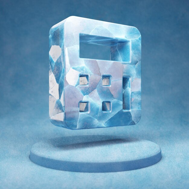 Calculator icon. Cracked blue Ice Calculator symbol on blue snow podium. Social Media Icon for website, presentation, design template element. 3D render.