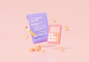 Calculator icon and paper document with financial reportsbudget planning financial calculation paper bill transaction receipt finance analysteconomics education concept3d render illustration