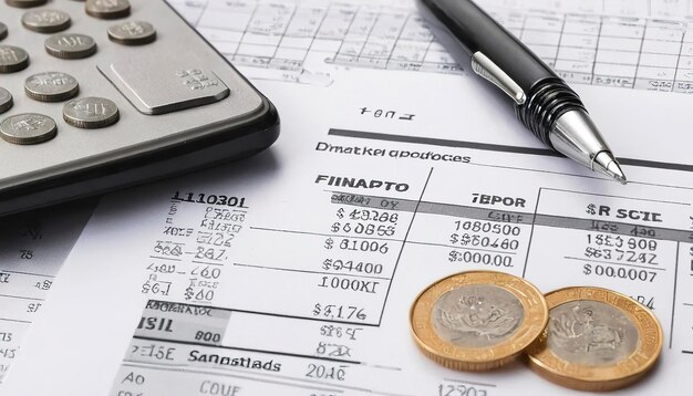 Foto calculator munten en pen op financieel verslag