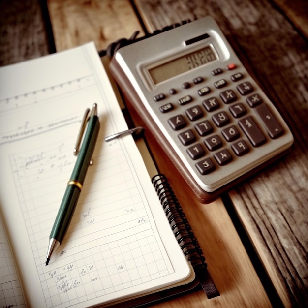 A calculator and pen sit on a wooden table.