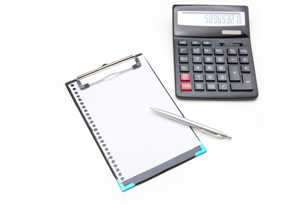 Calculator and pen on a white background