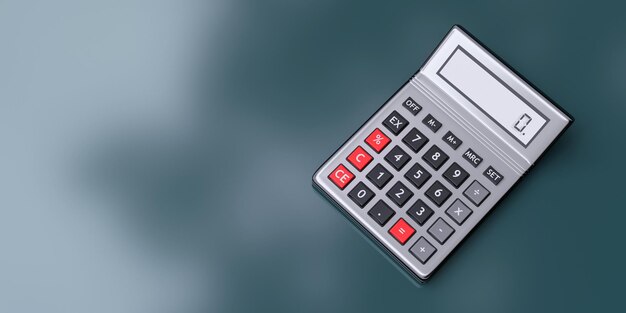 Calculator silver digital zero screen on empty grey blue background Space for text 3d