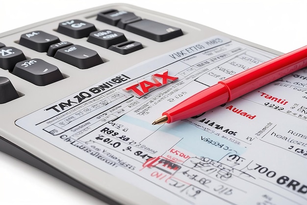 Calculator and tax button and red pen