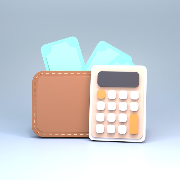 Calculator and wallet with money. 3D renderer