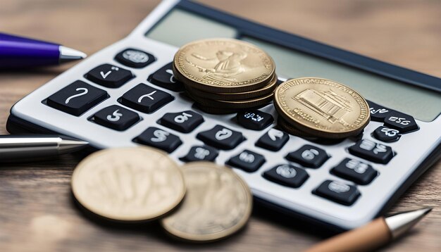 Photo a calculator with a bunch of gold coins on it