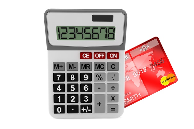 Калькулятор с кредитной картой на белом фоне