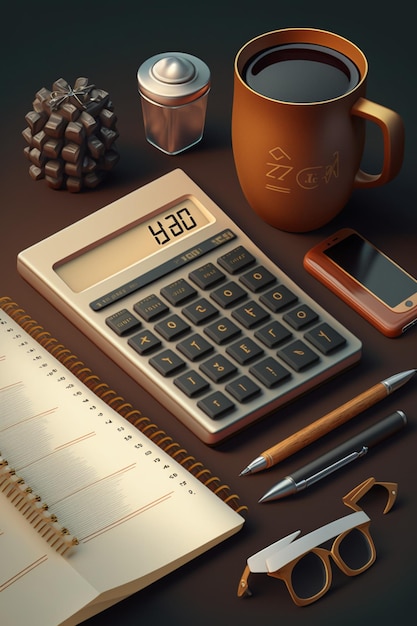 A calculator with a cup of coffee and a pen on it