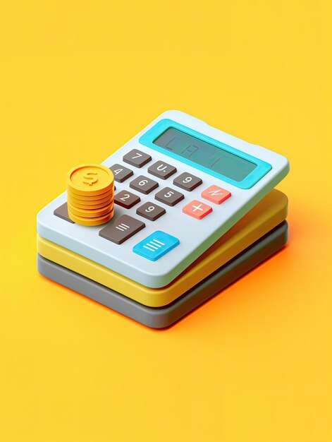 a calculator with a gold coin on it is sitting on top of a yellow background