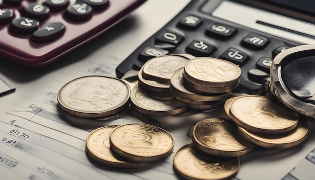 a calculator with a lot of coins on it