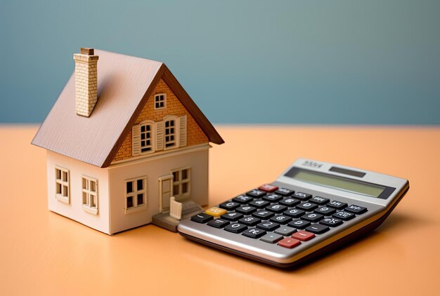 a calculator and with a small house model on top of it