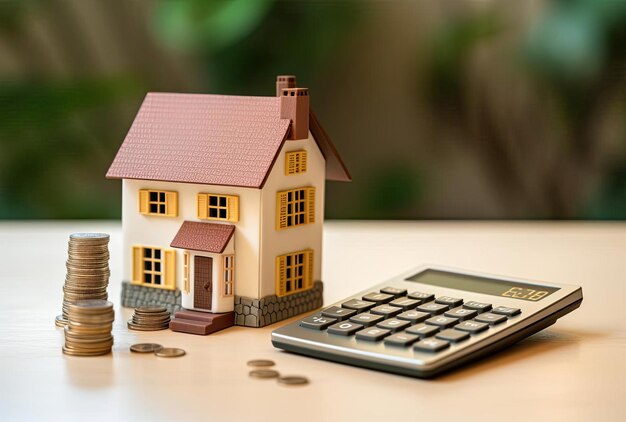 a calculator and with a small house model on top of it