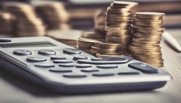 a calculator with a stack of coins on it