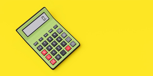 Calculator on yellow background copy space Business office device top view 3d