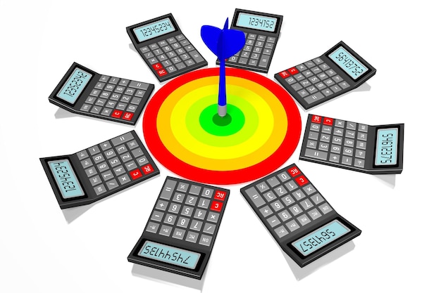 Calculators and colorful darts power efficiency concept