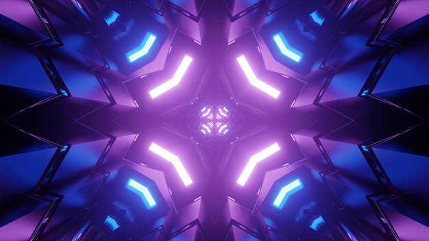 Caleidoscoopornament met heldere blauwe en paarse futuristische neonlichten die in symmetrische cijfers in 3D illustratie weerspiegelen