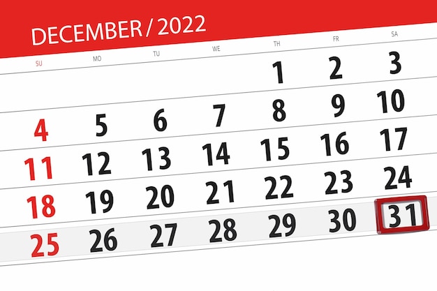 Calendar 2022 deadline day month page organizer date december saturday number 31