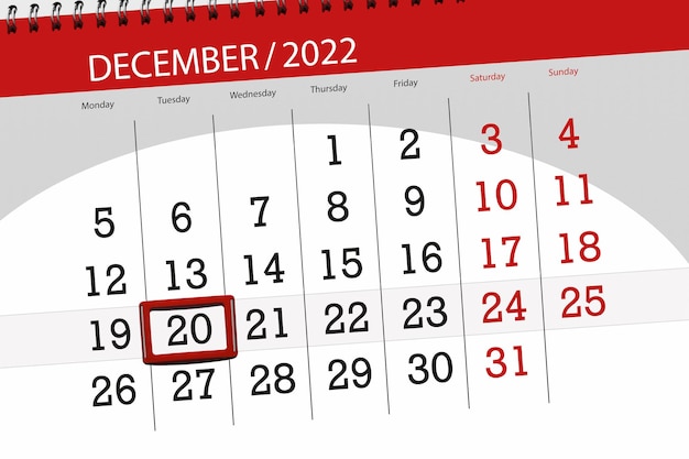 Calendar 2022 deadline day month page organizer date december tuesday number 20