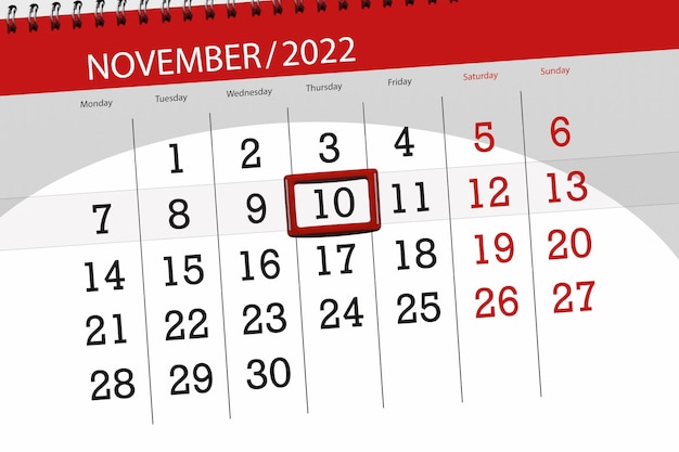 Calendar 2022 deadline day month page organizer date november thursday number 10