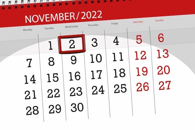 Calendar 2022 deadline day month page organizer date november wednesday number 2