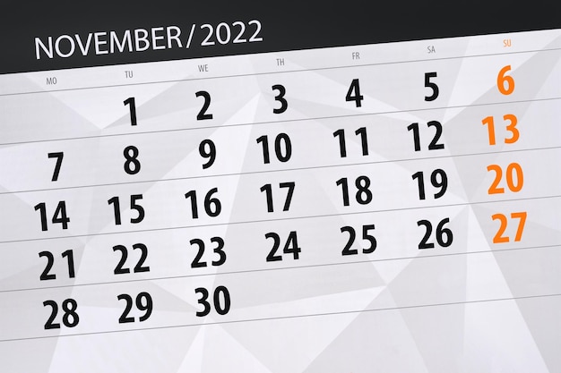 Calendar 2022 deadline day month page organizer date november