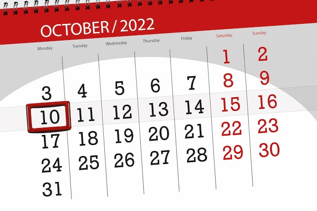 Calendar 2022 deadline day month page organizer date october monday number 10