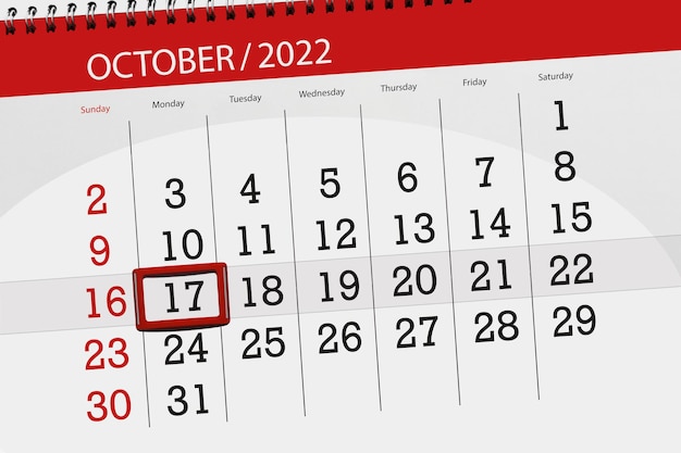 Calendar 2022 deadline day month page organizer date october monday number 17