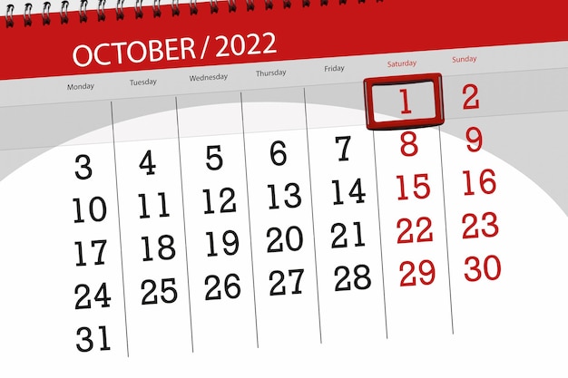 Calendar 2022 deadline day month page organizer date october saturday number 1