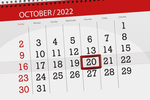 Calendar 2022 deadline day month page organizer date october thursday number 20