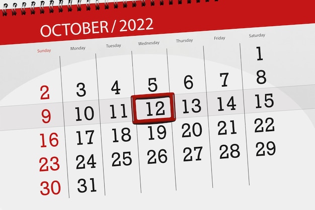 Calendar 2022 deadline day month page organizer date october wednesday number 12