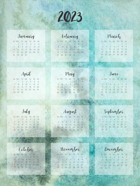 Calendar 2023 on the abstract watercolor background Watercolor calendar 2023